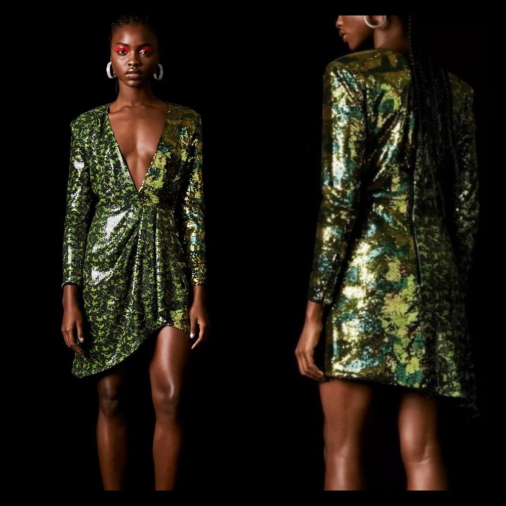 Halpern Top Shop collab multi print sequin dress 6 very low cut draped skirt